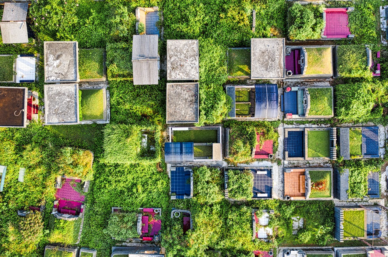Aerial view of a vibrant cemetery with greenery in Tangerang, Indonesia.